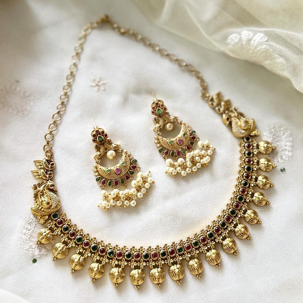 Antique peacock mottu drops short set - Ruby-Green - Adorna