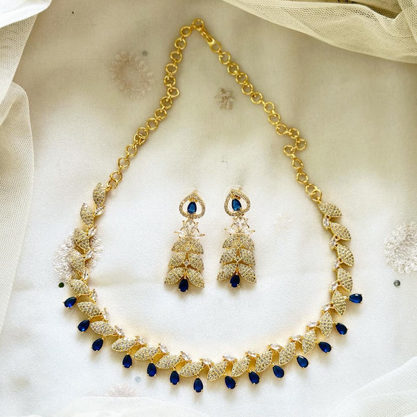 Gold AD CZ Leaf blue Teardrop short set - Adorna
