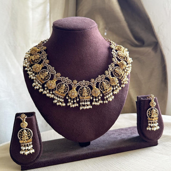 Antique White CZ Lakshmi Flower Pot short set - Adorna