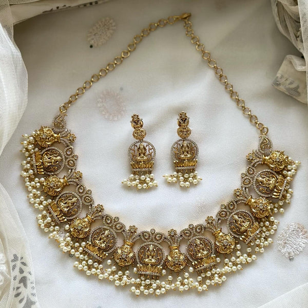 Antique White CZ Lakshmi Flower Pot short set - Adorna