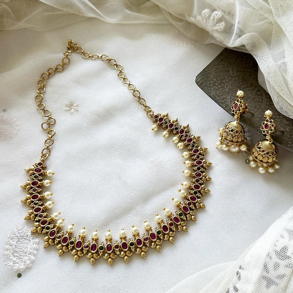 Antique Oval floral spring pearl short set - Ruby-Green - Adorna