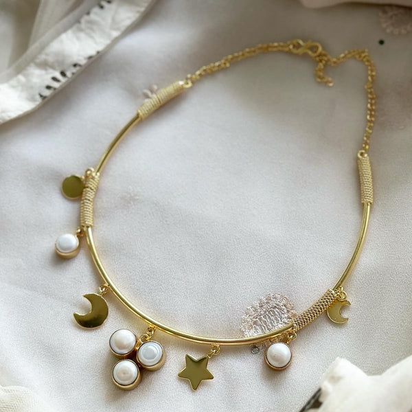 Tri-Pearl & Moon drop hasli neckpiece - Adorna