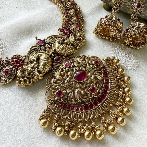 Bridal Peacock Paisley Grandeur haaram set - Ruby