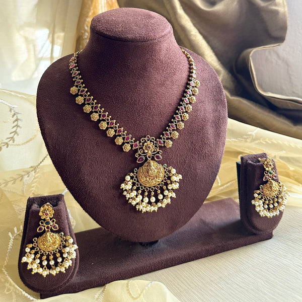 Antique matte Lakshmi flower pops short set - Ruby-Green