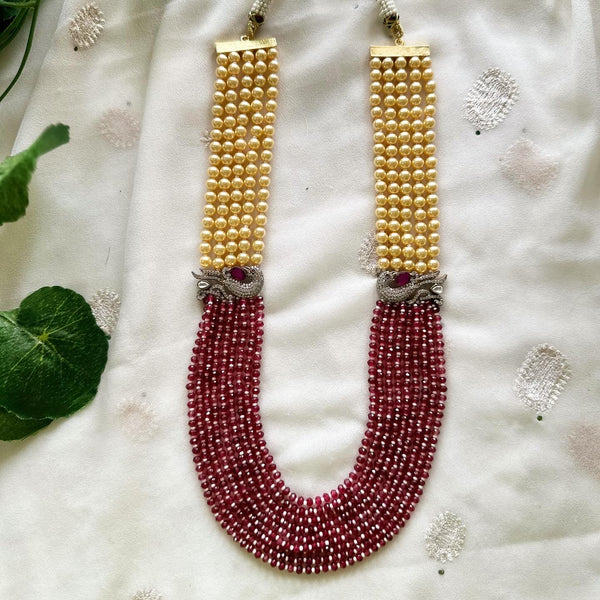 Victorian Peacock Crystal Pearl mala - Ruby