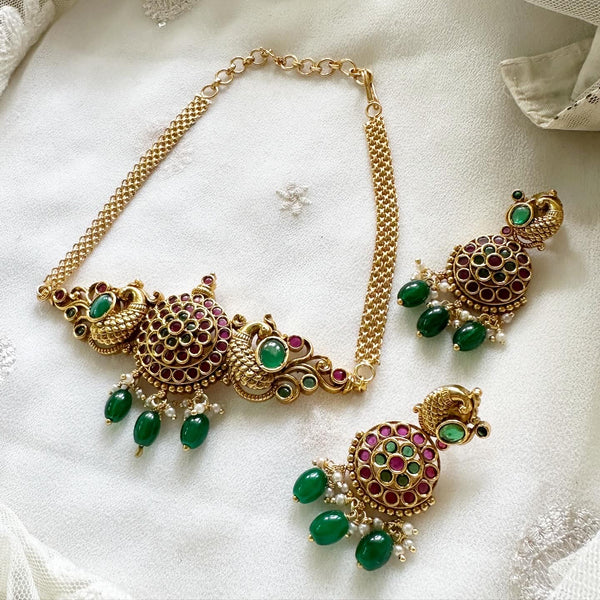 Matte kemp chakra peacock choker set - Green bead - Ruby-Green - Adorna