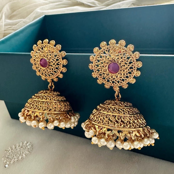 Matte Fligree Pearl bunch jumkhas - Ruby - Adorna