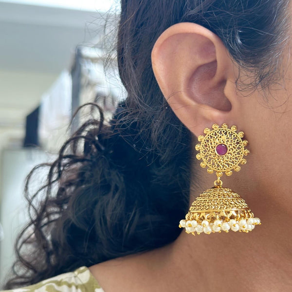 Matte Fligree Pearl bunch jumkhas - Ruby - Adorna