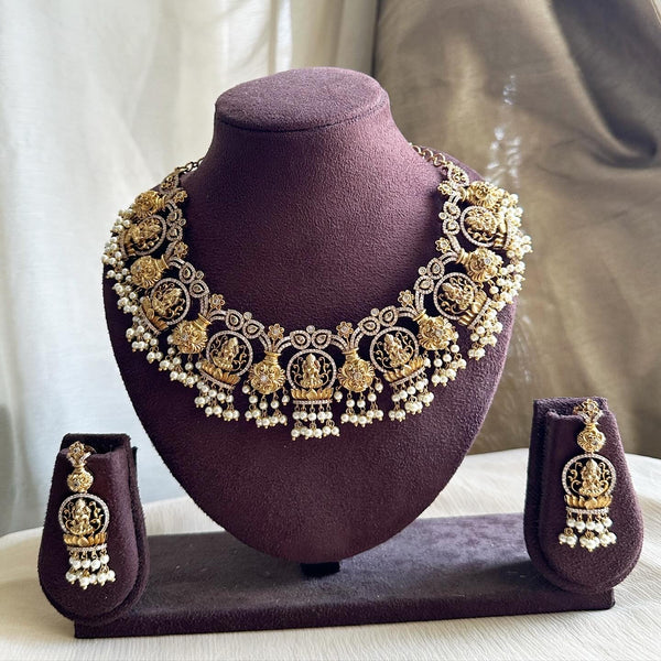 Antique White CZ Lakshmi Flower Pot short set - Adorna