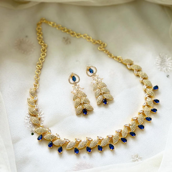 Gold AD CZ Leaf blue Teardrop short set - Adorna