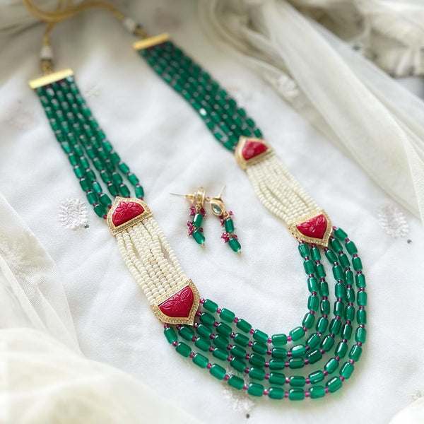Mughal pearl mogappu Green mala set - Adorna