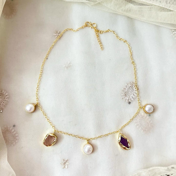 Purplish Melancholy - Raw stone & Pearl drops necklace