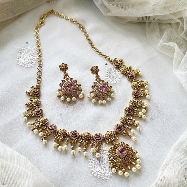 Antique matte CZ floral Ruby buttons short set