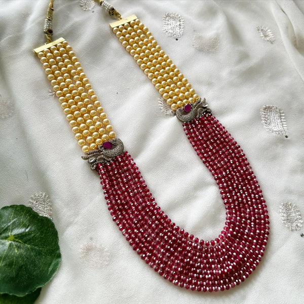 Victorian Peacock Crystal Pearl mala - Ruby