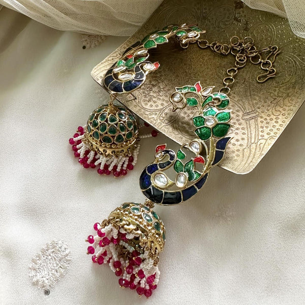Peacock Polki Ear-cuff jumkhas with side chain - Adorna