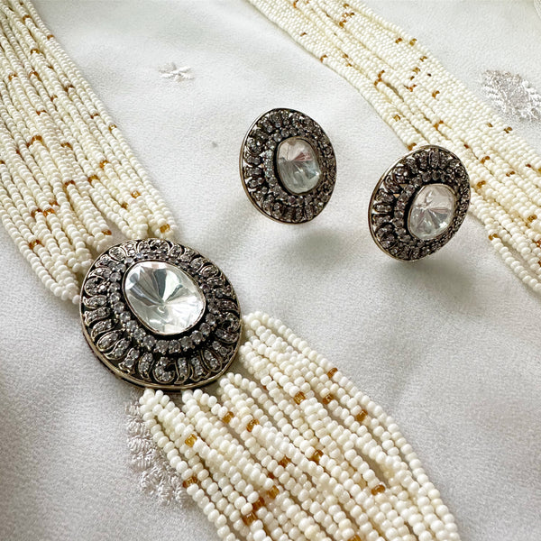 Oval Kundan Sugar bead mala set