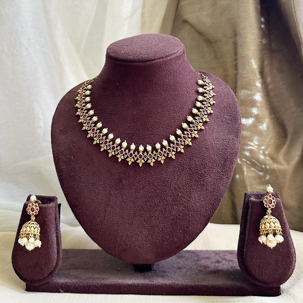 Antique Oval floral spring pearl short set - Full Ruby - Adorna