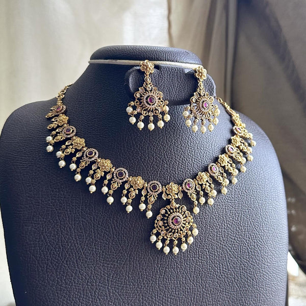 Antique matte CZ floral Ruby buttons short set