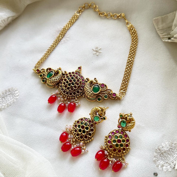 Matte kemp chakra peacock choker set - Red bead - Ruby-Green - Adorna