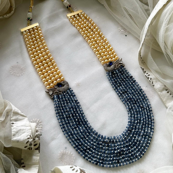 Victorian Peacock Crystal Pearl mala - Blue