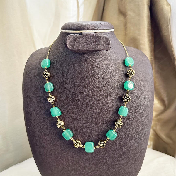 Antique gold, Green square bead mala - 20 inch - Adorna