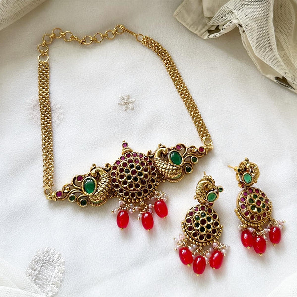 Matte kemp chakra peacock choker set - Red bead - Ruby-Green - Adorna