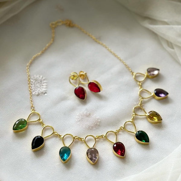 Gold tear drop cutstone short set - Multicolor - Adorna