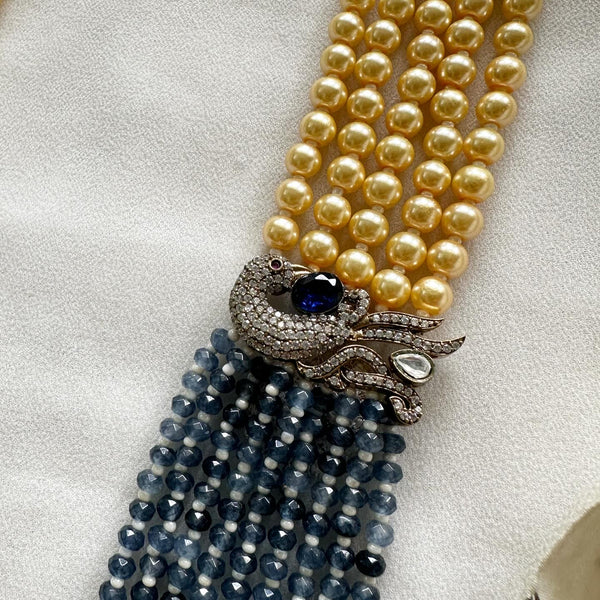 Victorian Peacock Crystal Pearl mala - Blue