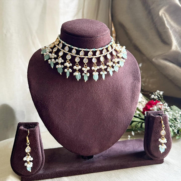 Tear drop polki kundan delicate pastel green beaded choker set