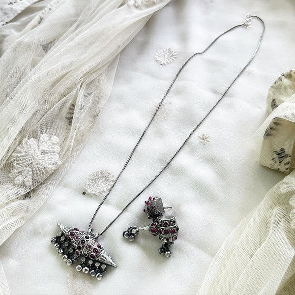 Silver pendant long chain set - Ruby - Adorna