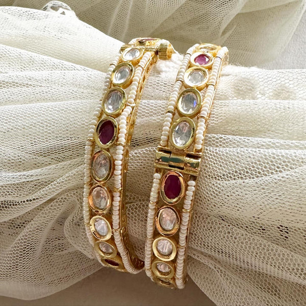 Oval Kundan Pearl laced bangles - Size 2.6 - set of 2