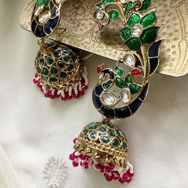 Peacock Polki Ear-cuff jumkhas with side chain - Adorna