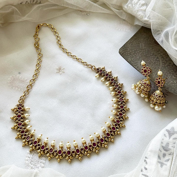 Antique Oval floral spring pearl short set - Full Ruby - Adorna
