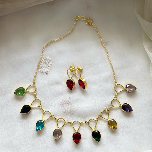 Gold tear drop cutstone short set - Multicolor - Adorna