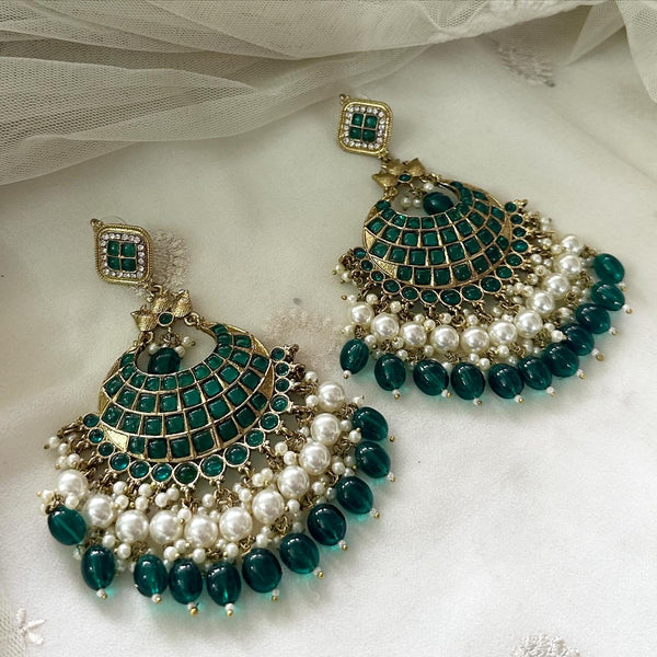 Polki Kundan Pearl long earrings - Full Green