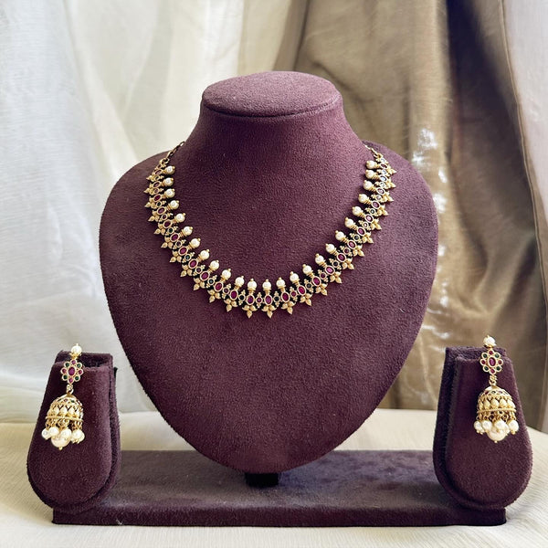 Antique Oval floral spring pearl short set - Ruby-Green - Adorna