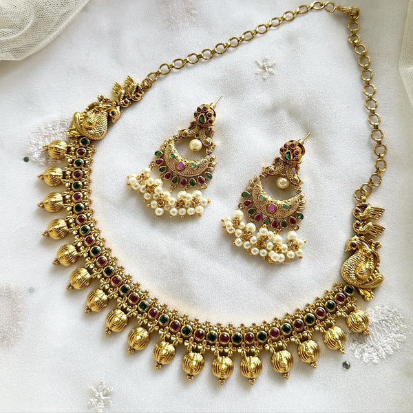 Antique peacock mottu drops short set - Ruby-Green - Adorna