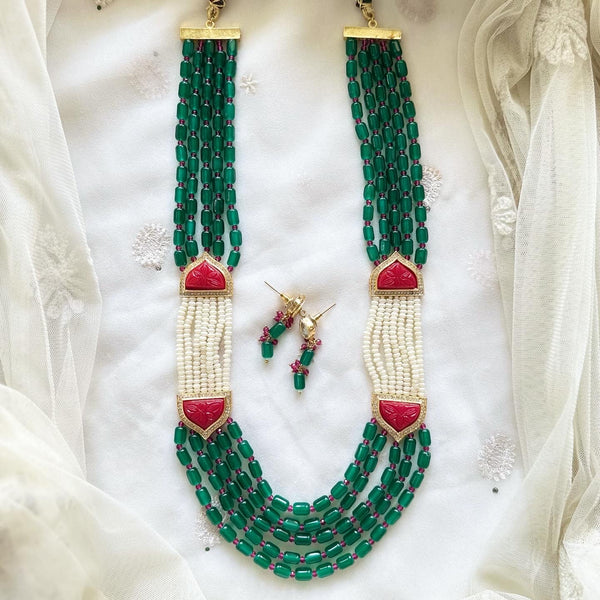 Mughal pearl mogappu Green mala set - Adorna