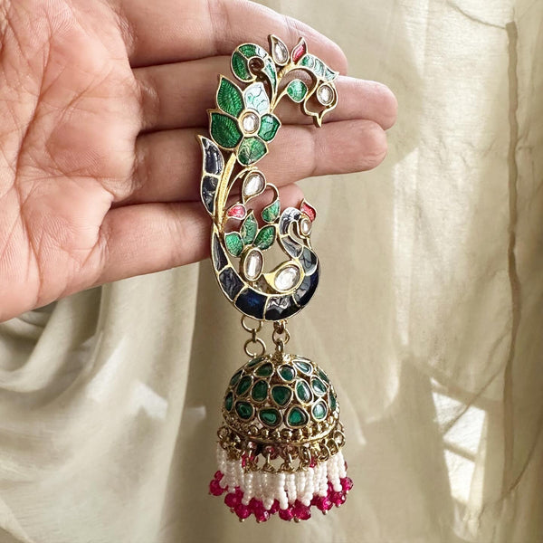 Peacock Polki Ear-cuff jumkhas with side chain - Adorna