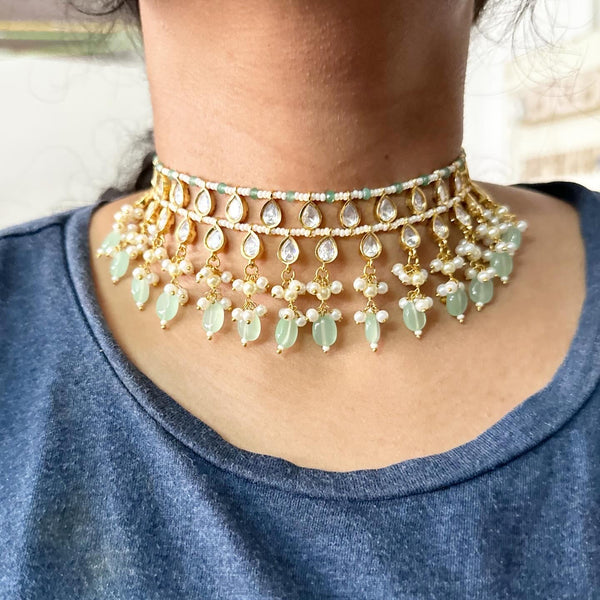 Tear drop polki kundan delicate pastel green beaded choker set