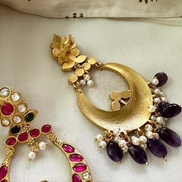 Kundan Jadau Ruby-Purple long earrings (screw type)
