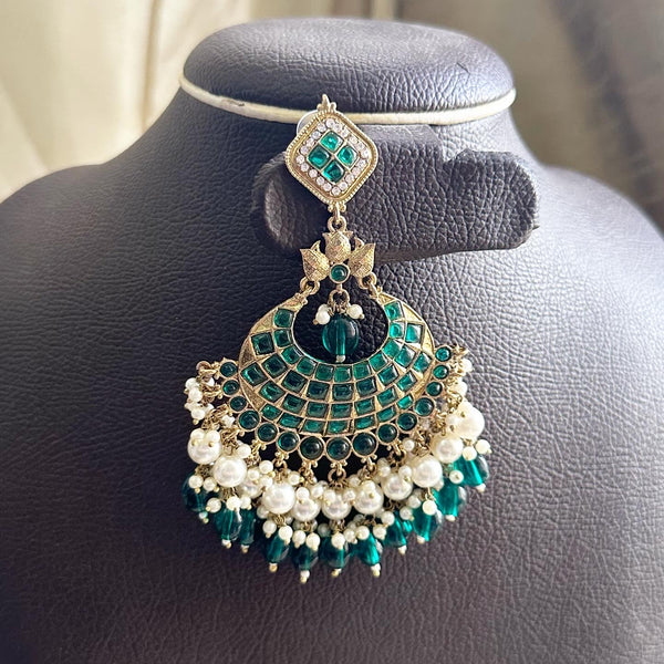 Polki Kundan Pearl long earrings - Full Green