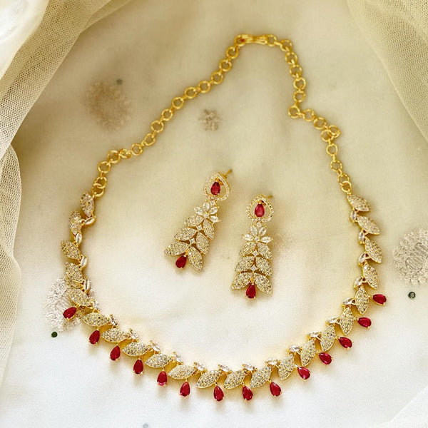 Gold AD CZ Leaf Ruby Teardrop short set - Adorna