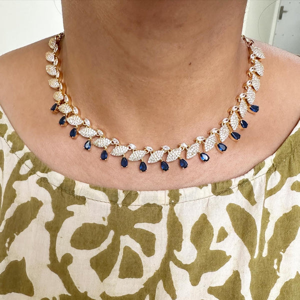Gold AD CZ Leaf blue Teardrop short set - Adorna