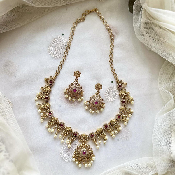 Antique matte CZ floral Ruby buttons short set