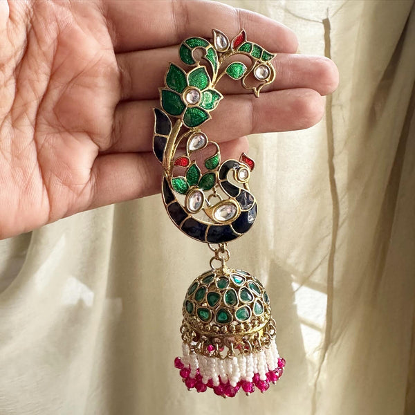 Peacock Polki Ear-cuff jumkhas with side chain - Adorna