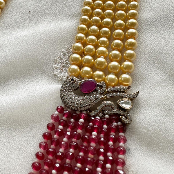 Victorian Peacock Crystal Pearl mala - Ruby