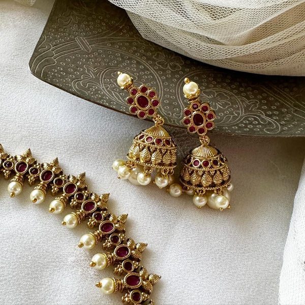 Antique Oval floral spring pearl short set - Full Ruby - Adorna