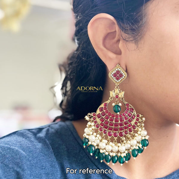 Polki Kundan Pearl long earrings - Full Green