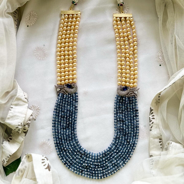 Victorian Peacock Crystal Pearl mala - Blue